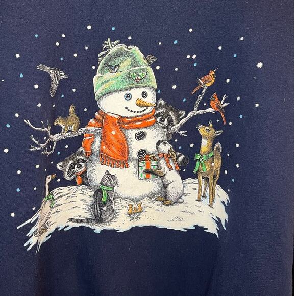 Vintage Jerzees Navy Forest Critter Snowman Sweatshirt Size Large Holiday - Picture 2 of 4